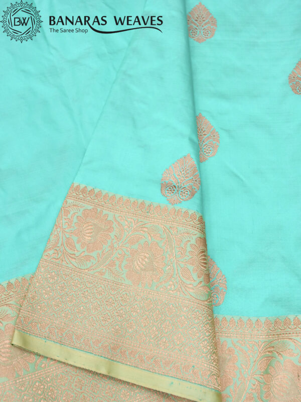 Pure Banarasi Kadhwa Katan Silk Saree Handloom | Turquoise & Cream Color Contrast