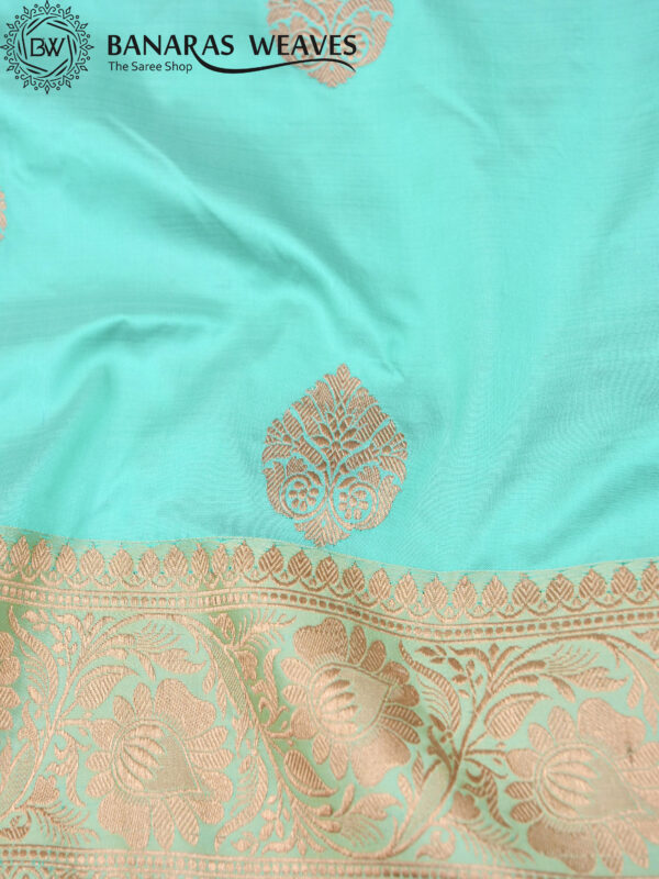 Pure Banarasi Kadhwa Katan Silk Saree Handloom | Turquoise & Cream Color Contrast