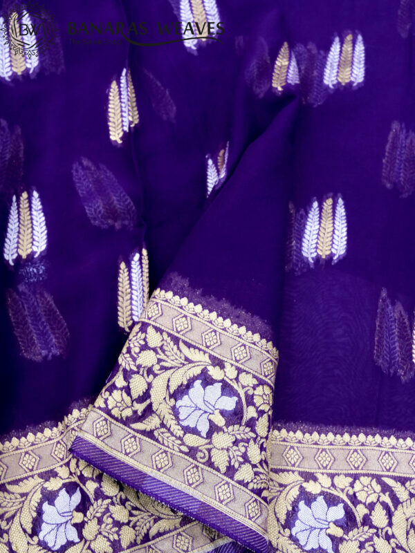 Banarasi Khaddi Georgette Saree Violet Color Leaf Design