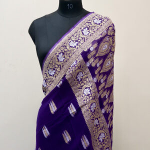 Banarasi Khaddi Georgette Saree Violet Purple Color Leaf Design
