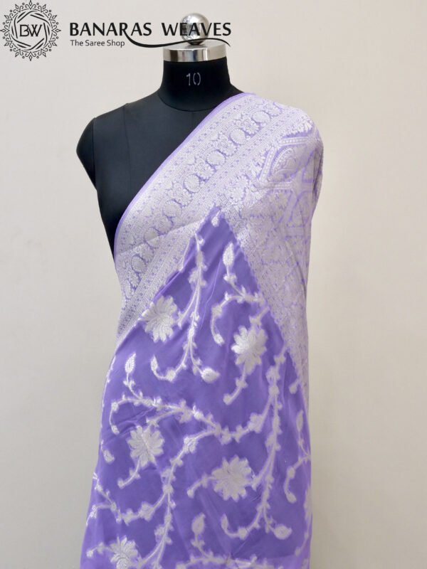 Banarasi Khaddi Georgette Saree Silver Zari Light Purple Color Jaal Design