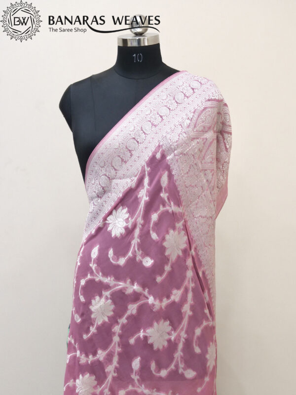 Banarasi Khaddi Georgette Saree Silver Zari Light Pink Color Jaal Design