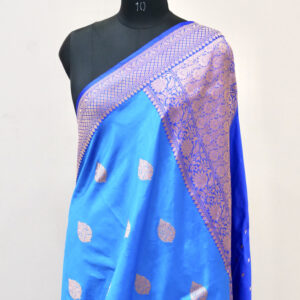 Pure Banarasi Kadhwa Katan Silk Saree Handloom | Blue & Dark Blue Color Contrast