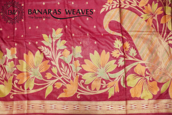 Banarasi Silk Saree Hand Dyed Wine Color Floral Design