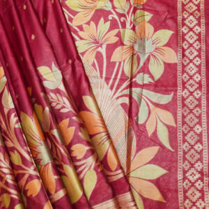 Banarasi Silk Saree Hand Dyed Wine Color Floral Design