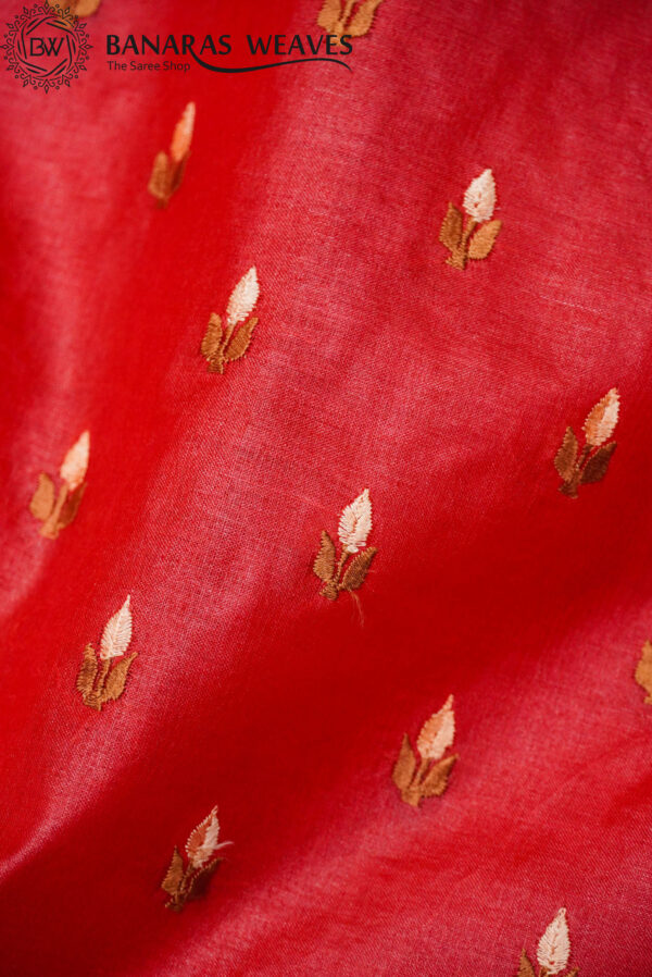 Pure Banarasi Tussar Paper Silk Saree Resham Weaving & Embroidery Work Red Color
