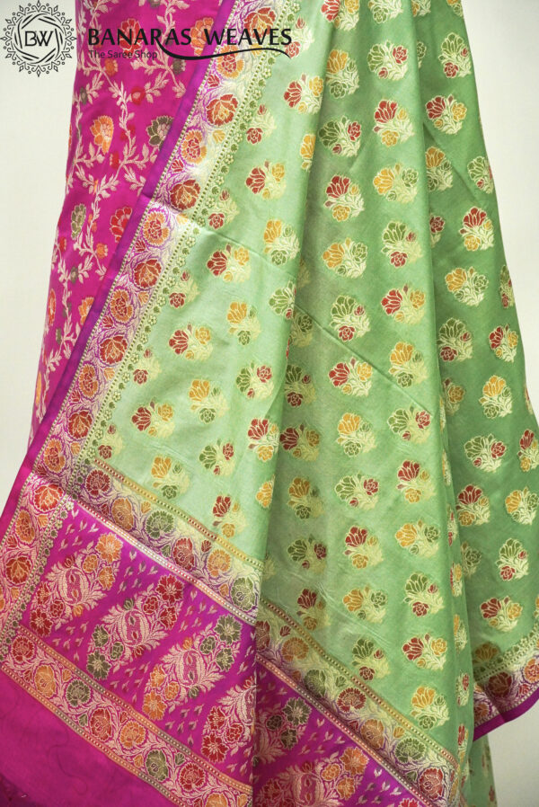 Banarasi Silk Suit Gold Zari Jaal Design Meenakari Work 2D Contrast - Green And Pink Color