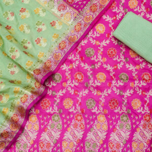 Banarasi Silk Suit Gold Zari Jaal Design Meenakari Work 2D Contrast – Green And Pink Color