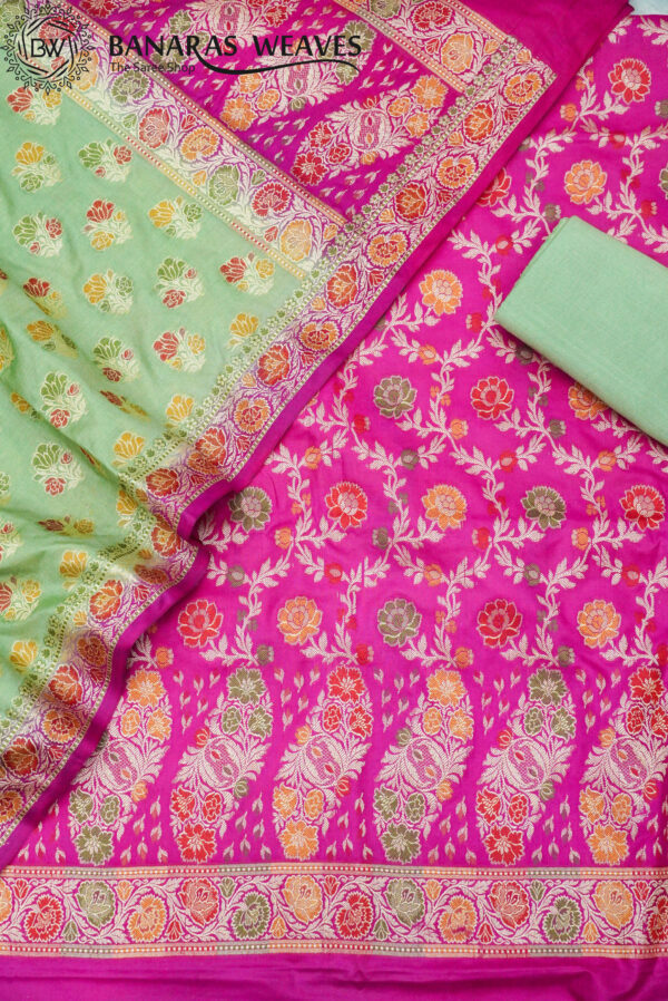 Banarasi Silk Suit Gold Zari Jaal Design Meenakari Work 2D Contrast - Green And Pink Color