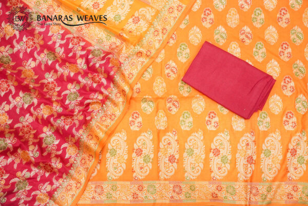 Banarasi Silk Suit Gold Zari Jaal Design Meenakari Work 2D Contrast - Orange And Red Color