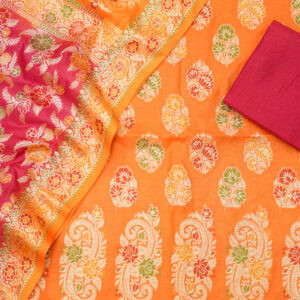 Banarasi Silk Suit Gold Zari Jaal Design Meenakari Work 2D Contrast – Orange And Red Color