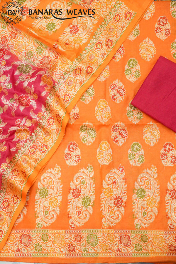 Banarasi Silk Suit Gold Zari Jaal Design Meenakari Work 2D Contrast - Orange And Red Color