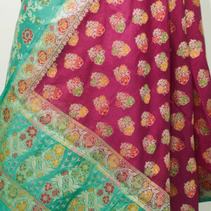 Banarasi Silk Suit Gold Zari Jaal Design Meenakari Work 2D Contrast – Seagreen And Wine Color