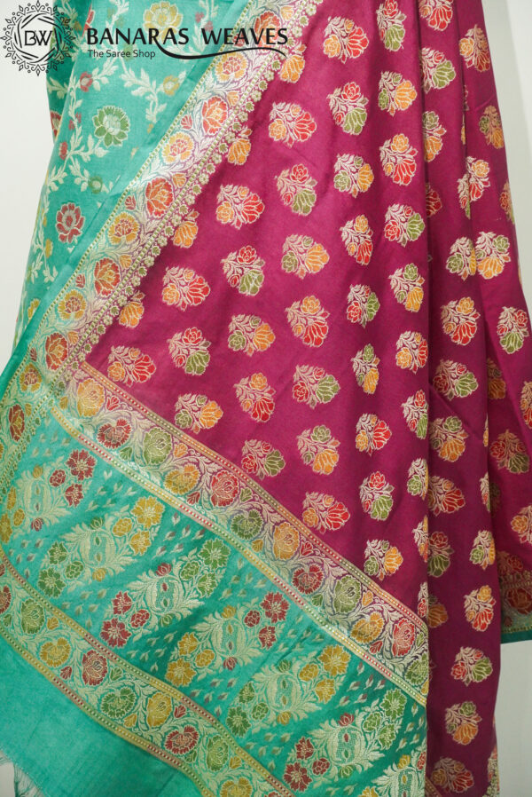 Banarasi Silk Suit Gold Zari Jaal Design Meenakari Work 2D Contrast - Seagreen And Wine Color