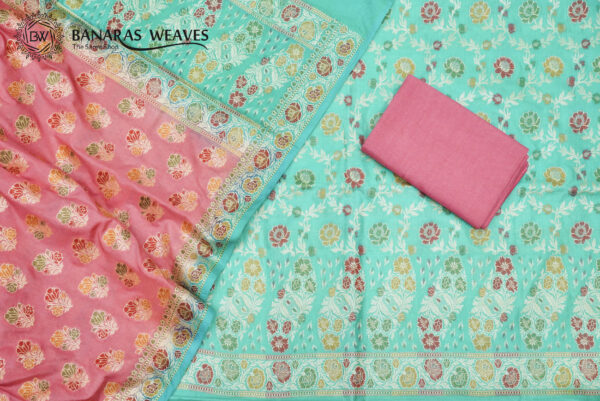Banarasi Silk Suit Gold Zari Jaal Design Meenakari Work 2D Contrast - Seagreen And Pink Color