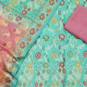 Banarasi Silk Suit Gold Zari Jaal Design Meenakari Work 2D Contrast – Seagreen And Pink Color