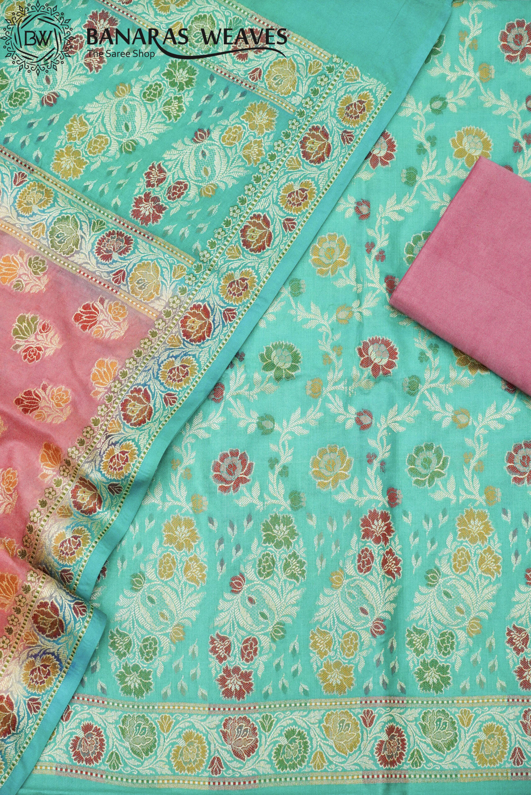 Banarasi Silk Suit Gold Zari Jaal Design Meenakari Work 2D Contrast - Seagreen And Pink Color