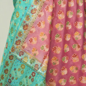 Banarasi Silk Suit Gold Zari Jaal Design Meenakari Work 2D Contrast – Seagreen And Pink Color