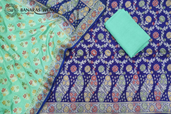 Banarasi Silk Suit Gold Zari Jaal Design Meenakari Work 2D Contrast - Blue And Seagreen Color