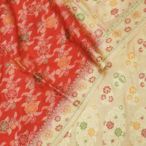 Banarasi Silk Suit Gold Zari Jaal Design Meenakari Work 2D Contrast – Cream And Red Color