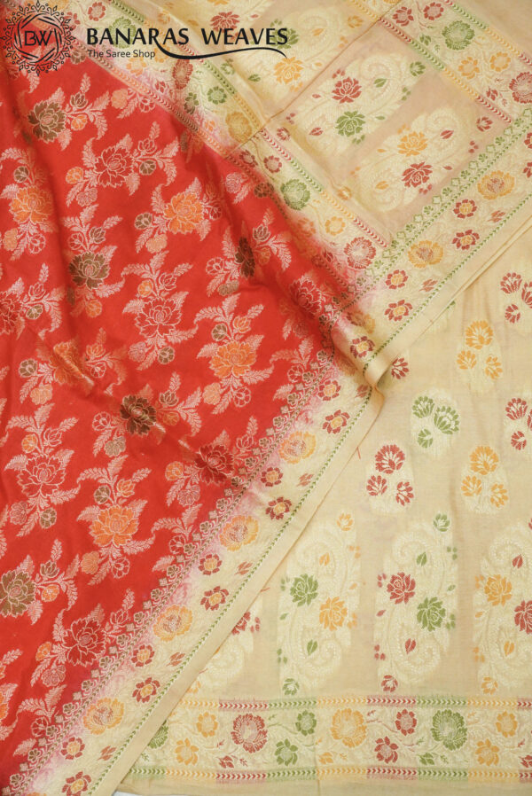 Banarasi Silk Suit Gold Zari Jaal Design Meenakari Work 2D Contrast - Cream And Red Color