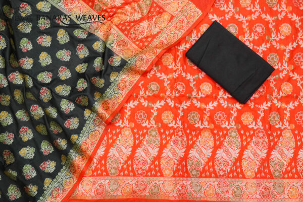 Banarasi Silk Suit Gold Zari Jaal Design Meenakari Work 2D Contrast - Red And Black Color