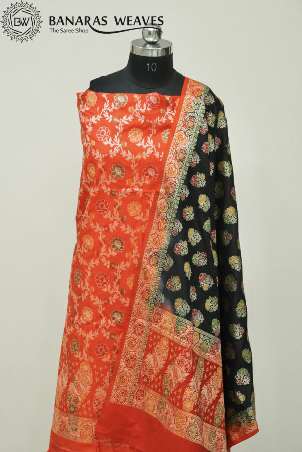 Banarasi Silk Suit Gold Zari Jaal Design Meenakari Work 2D Contrast - Red And Black Color