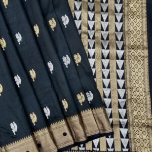 Pure Banarasi Kadhwa Katan Silk Saree Gold Zari Booti Design – Black Color