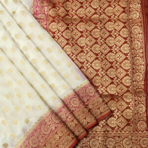 Banarasi Khaddi Georgette Saree Gold Zari Booti Design 3D Contrast – White & Red Color