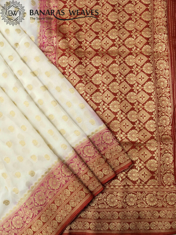Banarasi Khaddi Georgette Saree Gold Zari Booti Design 3D Contrast - White And Red Color
