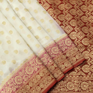 Banarasi Khaddi Georgette Saree Gold Zari Booti Design 3D Contrast – White And Red Color