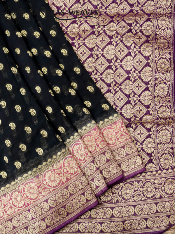 Banarasi Khaddi Georgette Saree Gold Zari Booti Design 3D Contrast - Black And Purple Color