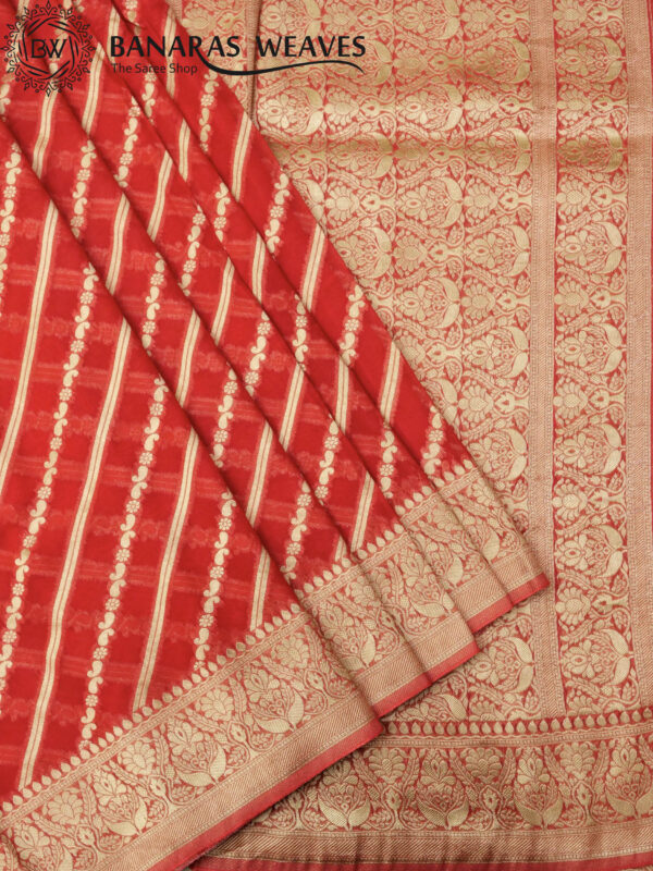 Banarasi Khaddi Georgette Saree Gold Zari Ada Design - Light Red Color