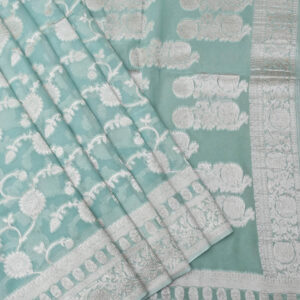 Banarasi Khaddi Georgette Saree Silver Zari Jaal Design – Seagreen Color