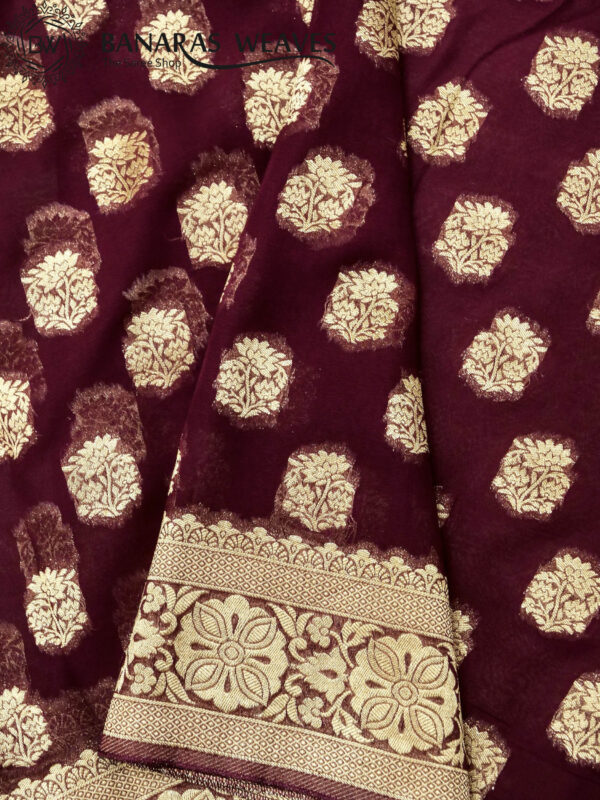 Banarasi Khaddi Georgette Saree Gold Zari Flower Design - Wine Color