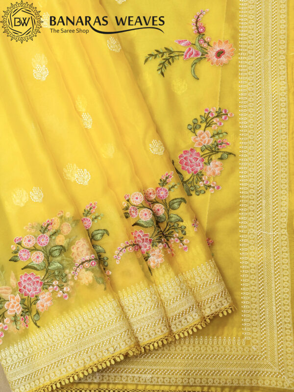 Banarasi Kora/Organza Saree Booti Design Embroidery Work Yellow Color