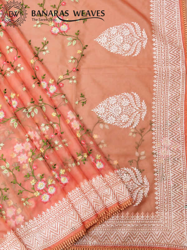 Banarasi Kora/Organza Saree Jaal Design Embroidery Work - Peach Color