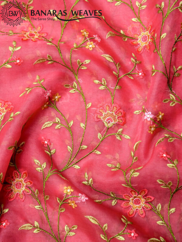 Banarasi Kora/Organza Saree Jaal Design Embroidery Work - Pink Color