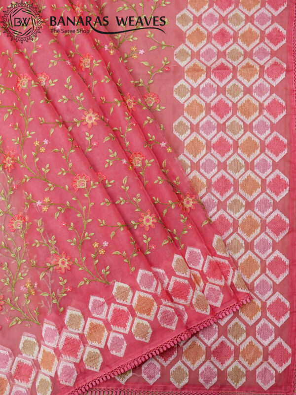 Banarasi Kora/Organza Saree Jaal Design Embroidery Work - Pink Color