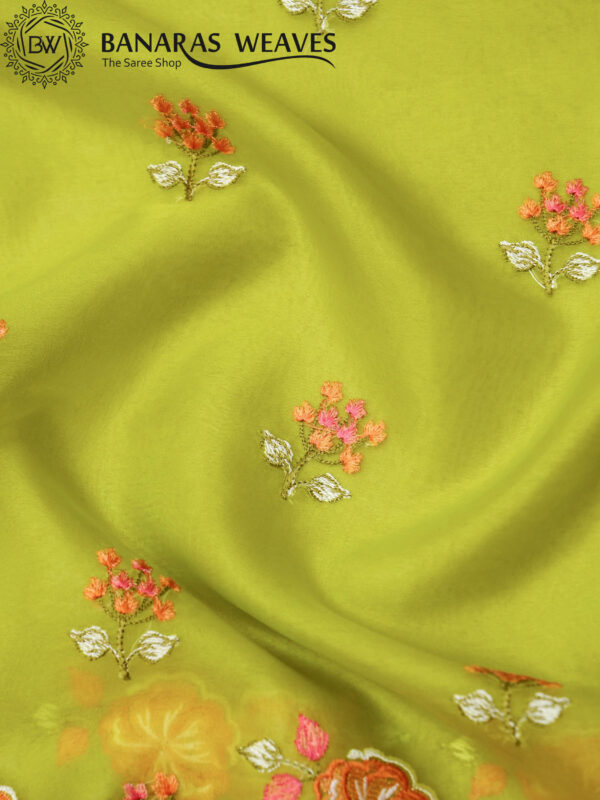 Banarasi Kora/Organza Saree Flower Boota Design Embroidery Work - Green Color