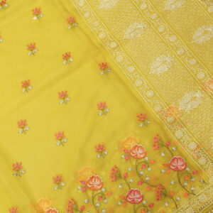 Banarasi Kora/Organza Saree Flower Booti Design Embroidery Work – Yellow Color