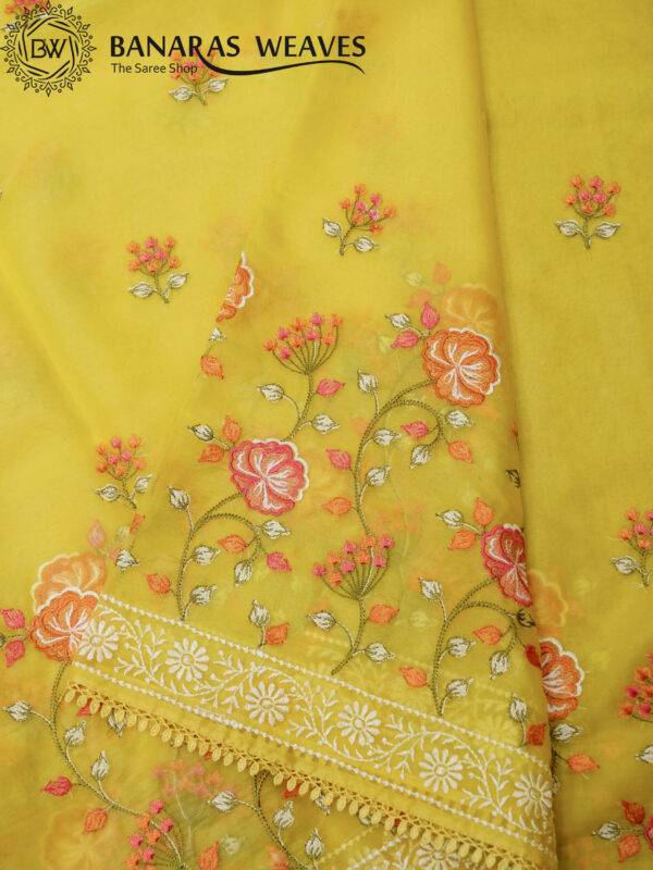 Banarasi Kora/Organza Saree Flower Booti Design Embroidery Work - Yellow Color