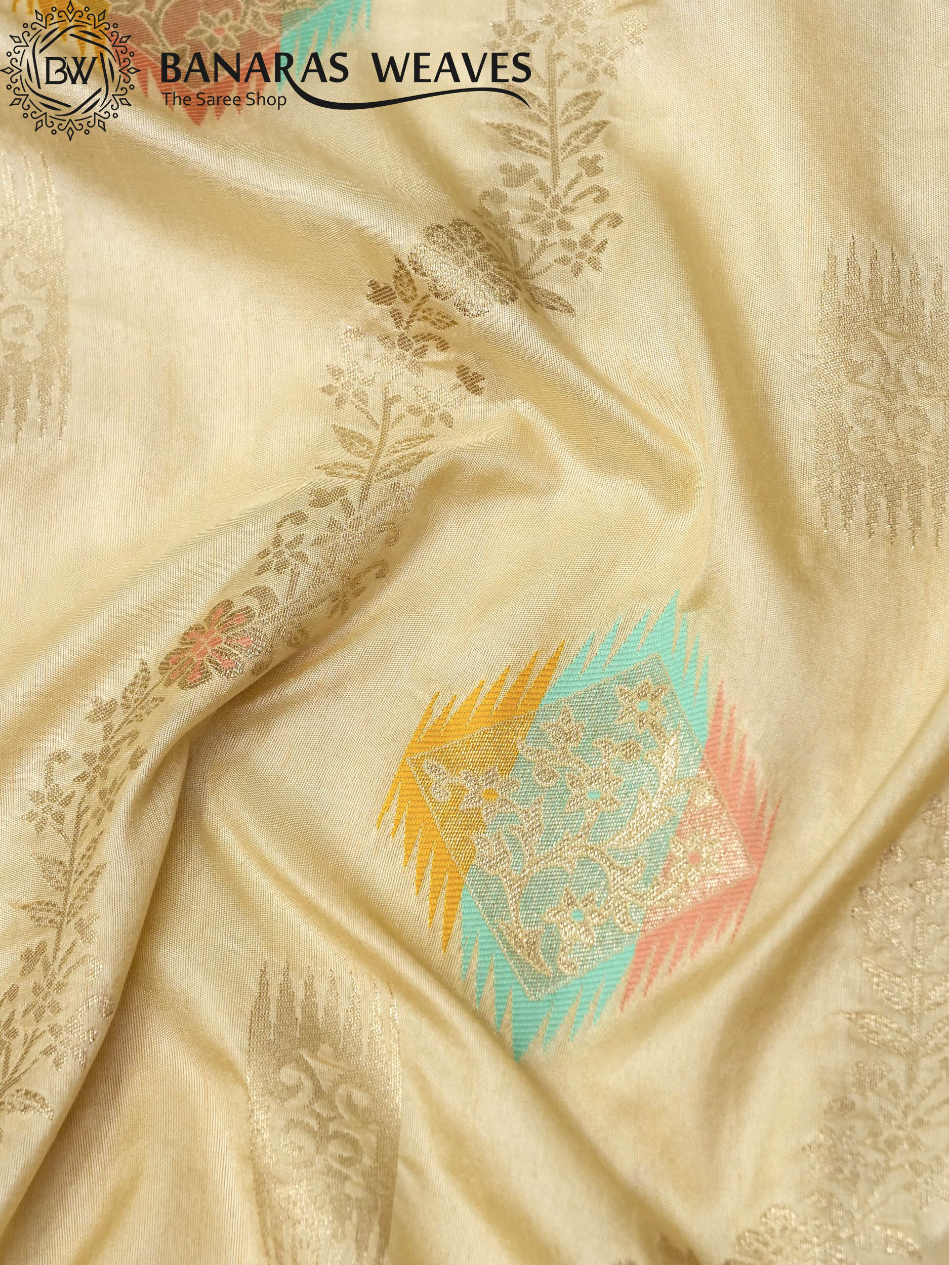 Banarasi Silk Saree Gold Zari Ada Boota Design Meenakari Work Beige Color