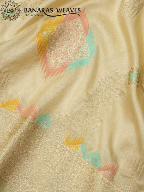 Banarasi Silk Saree Gold Zari Ada Boota Design Meenakari Work Beige Color