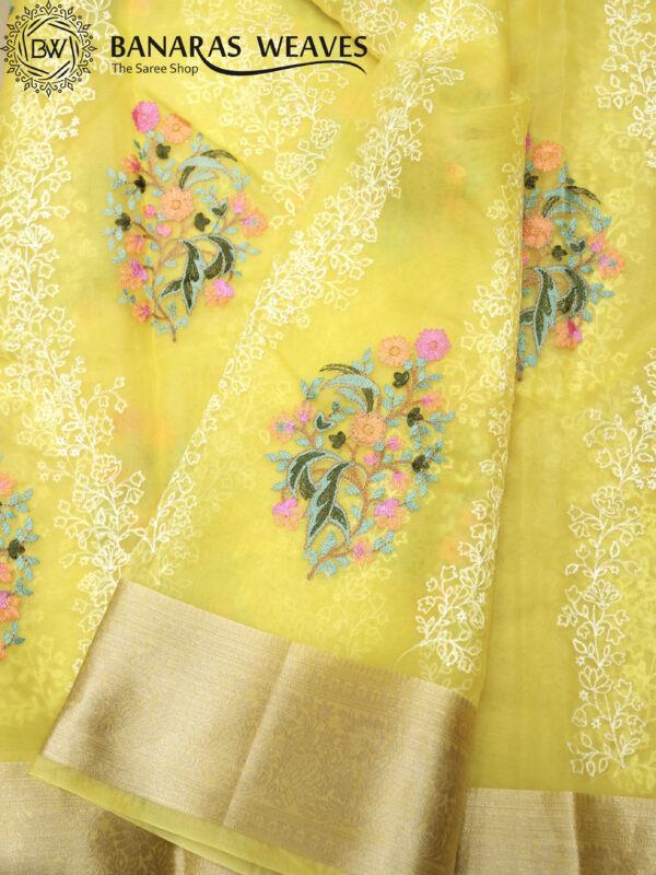 Banarasi Kora/Organza Saree Flower Boota Design Embroidery Work - Yellow Color