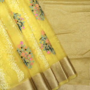 Banarasi Kora/Organza Saree Flower Boota Design Embroidery Work – Yellow Color