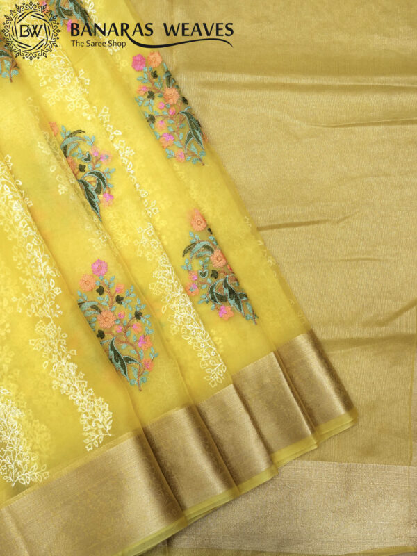 Banarasi Kora/Organza Saree Flower Boota Design Embroidery Work - Yellow Color