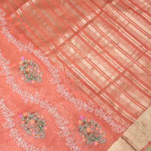 Banarasi Kora/Organza Saree Flower Boota Design Embroidery Work – Peach Color