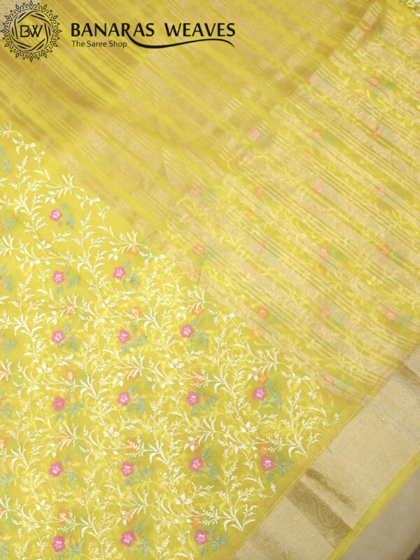 Banarasi Kora/Organza Saree Flower Jaal Design Embroidery Work - Yellow Color