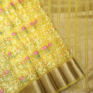 Banarasi Kora/Organza Saree Flower Jaal Design Embroidery Work – Yellow Color